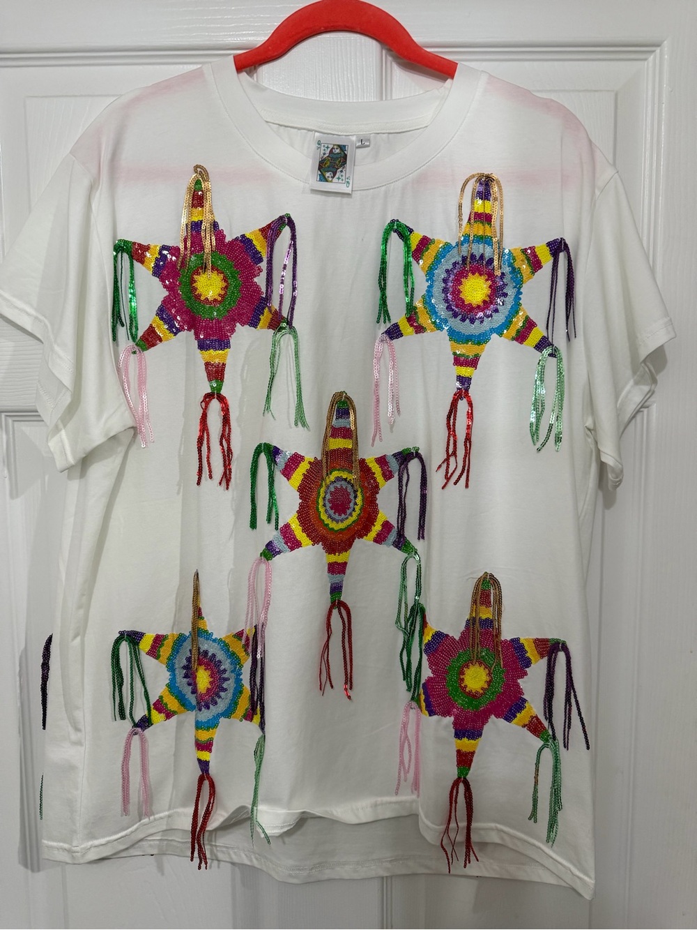 QUEEN OF SPARKLES White Tee with Multicolor Star Piñata Appliqués